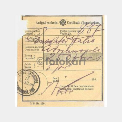 1900 Constantinopel Avusturya Posta Damgalı Makbuz