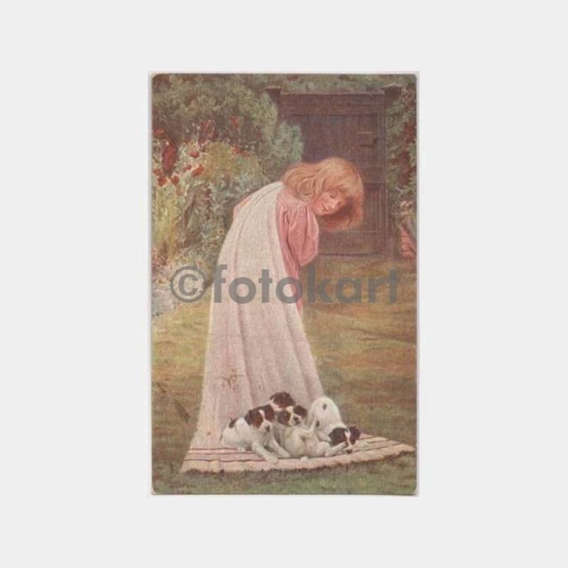 Genç Kız ve Köpek Yavruları Tablo Kartpostal
