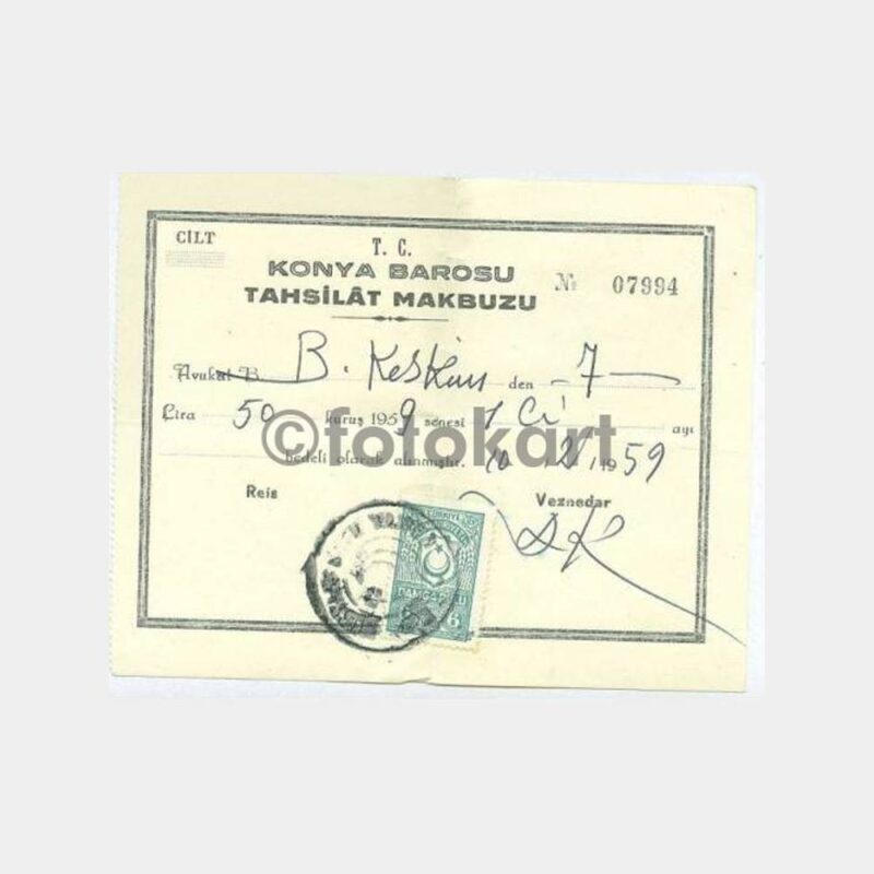 1959 Konya Barosu Makbuzu Hukuk Konulu Belge
