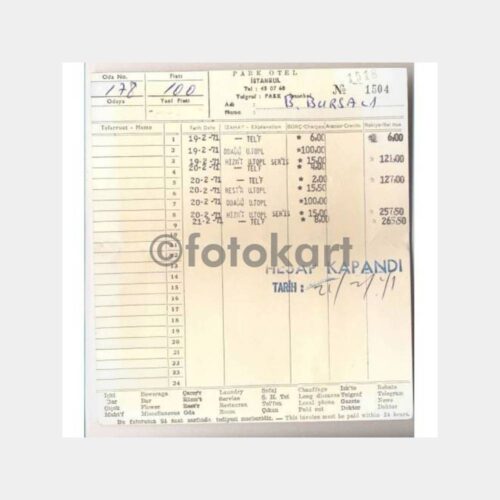 1971 Taksim Gümüşsuyu Park Oteli Faturası