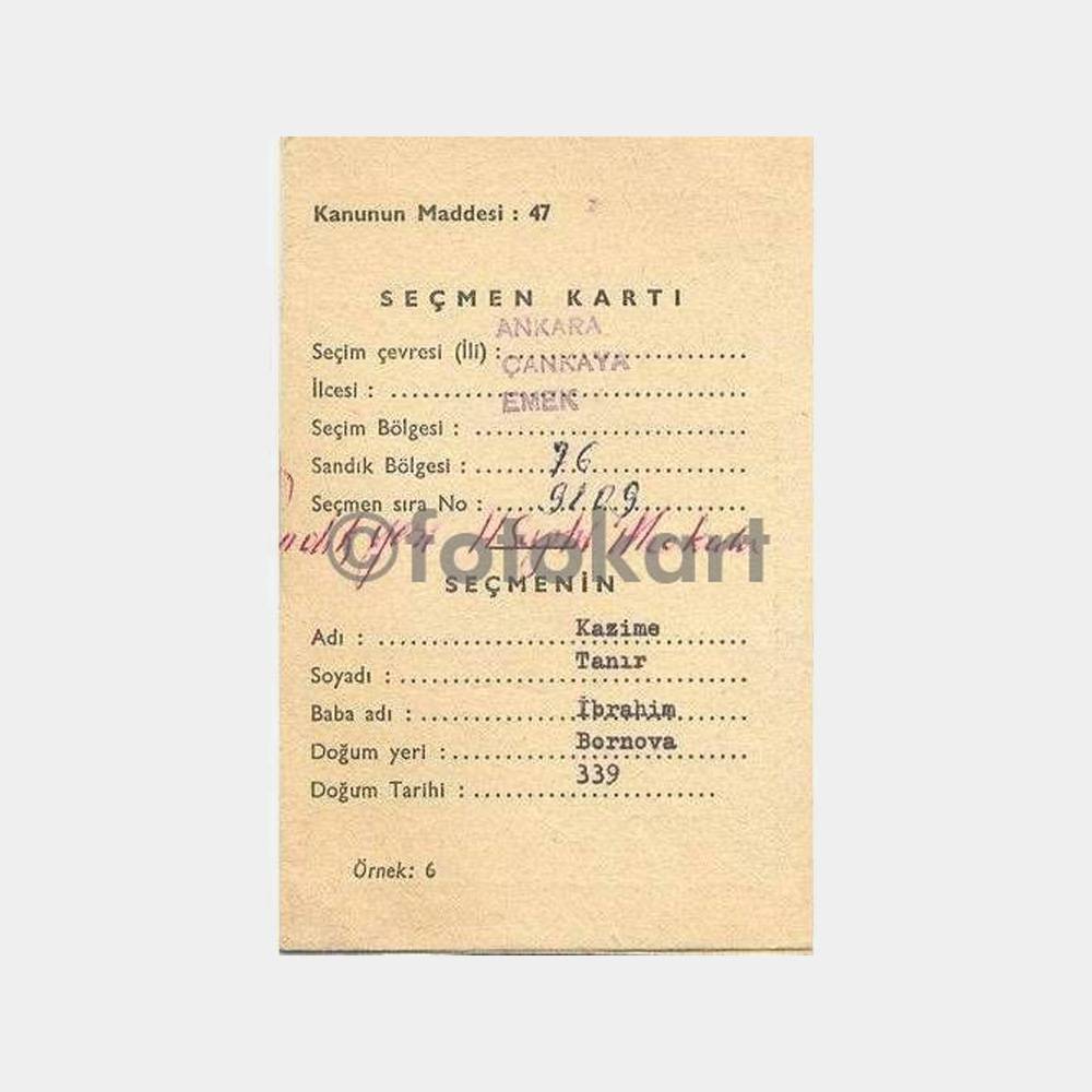 1967 Ankara Çankaya Seçmen Kartı