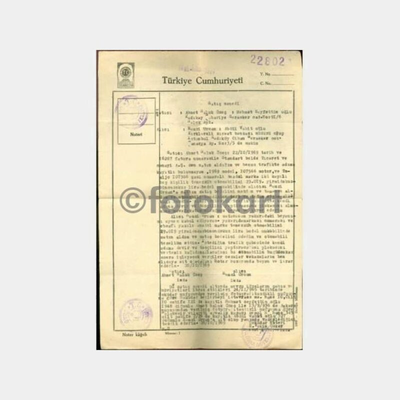1969 Anadol Otomobil Satış Sözleşmesi Noter Belge
