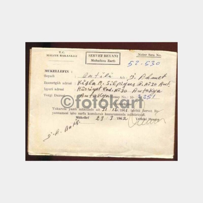1962 Antakya Servet Beyanı Mühürlü Zarfı