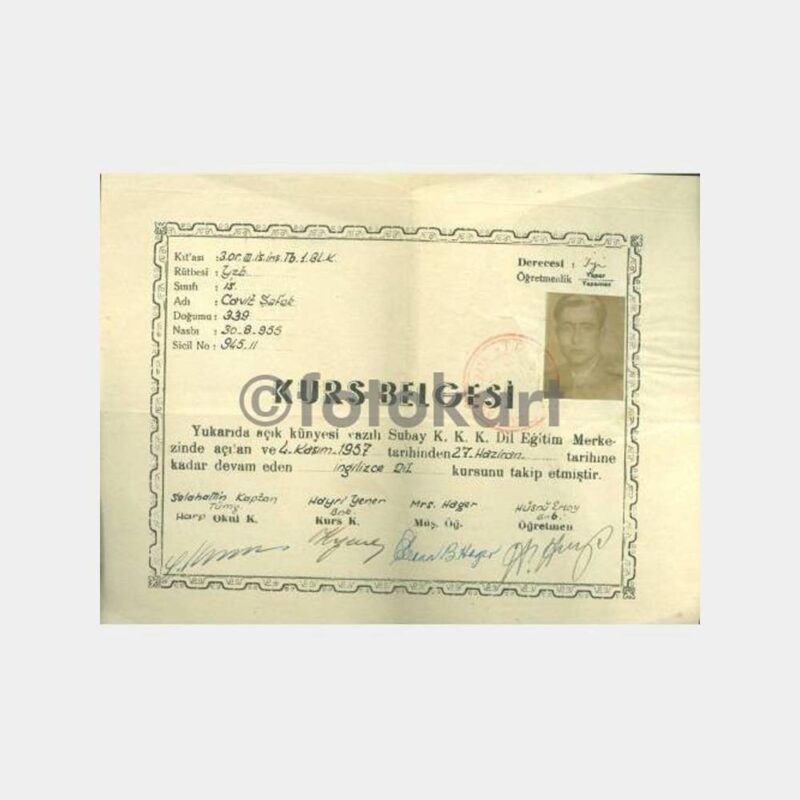 1957 Askeri Yabancı Dil Eğitim Kurs Belgesi