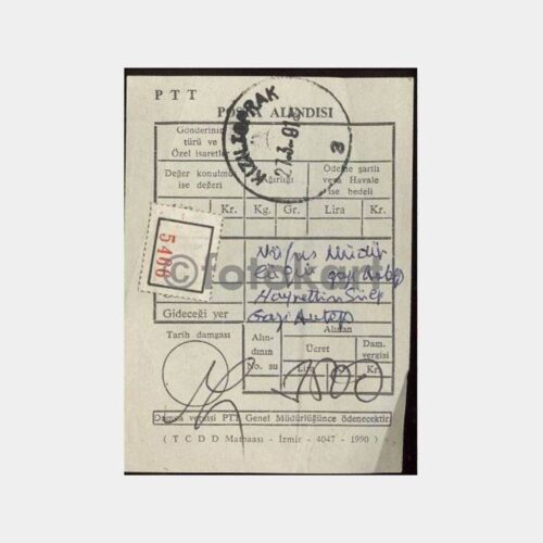 1991 PTT Kızıltoprak Taahhütlü Alındı Makbuzu