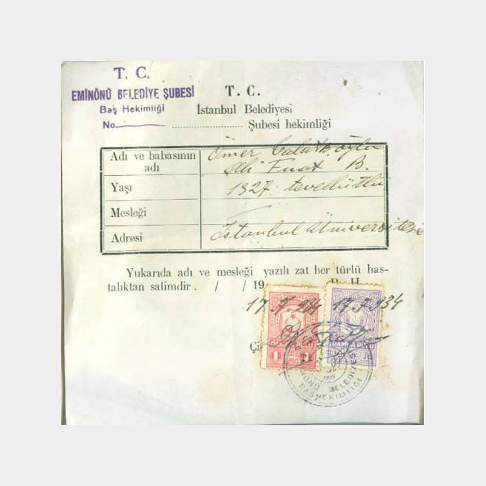 1934 Eminönü Belediyesi Sağlık Belgesi