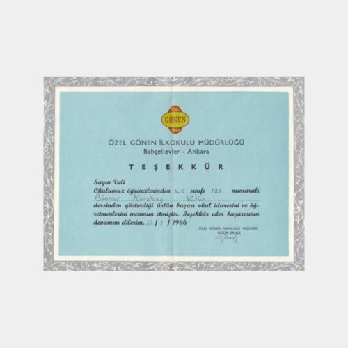 1966 Gönen Koleji Okul Teşekkür Belgesi