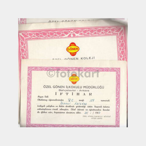 1969-70 Gönen Koleji Okul İftihar Belgesi