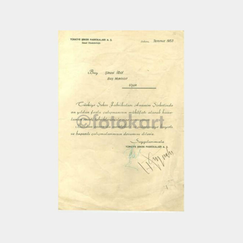 1953 Uşak Şeker Fabrikası Teşekkür Belgesi