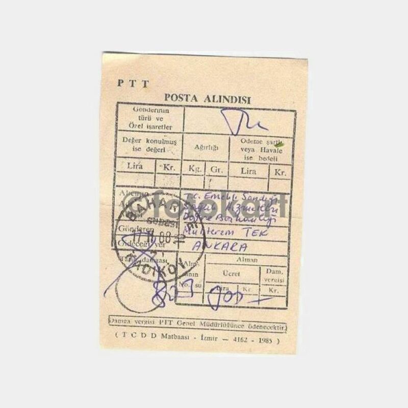 1988 Kadıköy Bahariye Posta Alındı Makbuzu