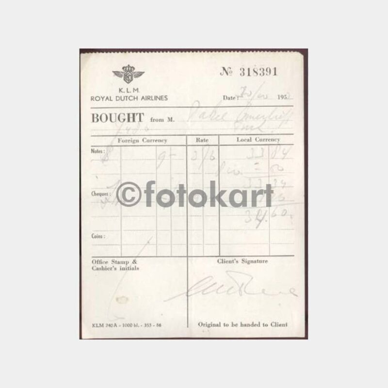 1956 KLM Havayolları Makbuzu