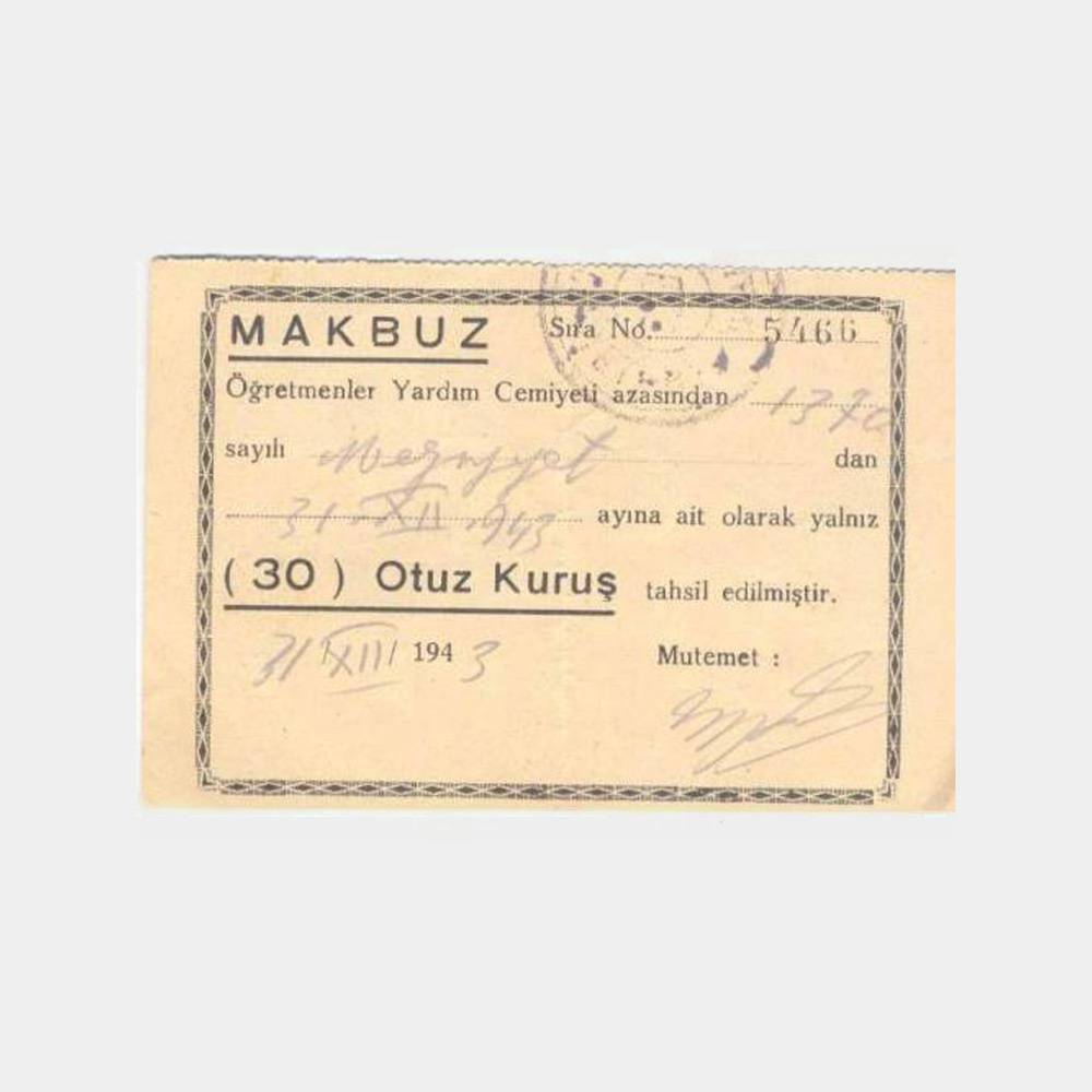 1943 Öğretmenler Yardım Cemiyeti Makbuzu