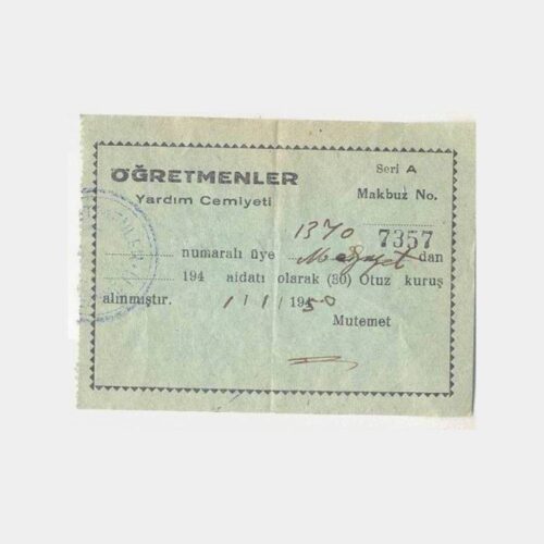 1950 Öğretmenler Yardım Cemiyeti Makbuzu