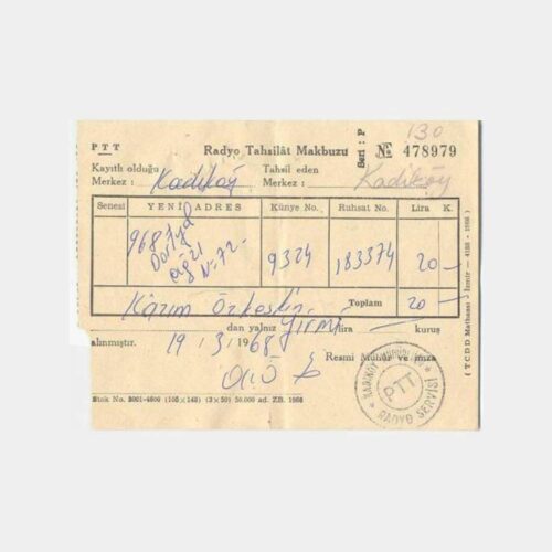 1968 Kadıköy PTT Radyo Tahsilat Makbuzu