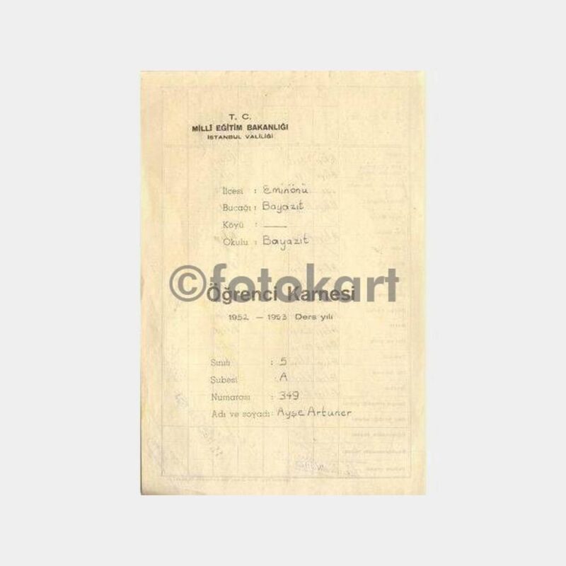 1952-53 Dönemi Öğrenci Karnesi