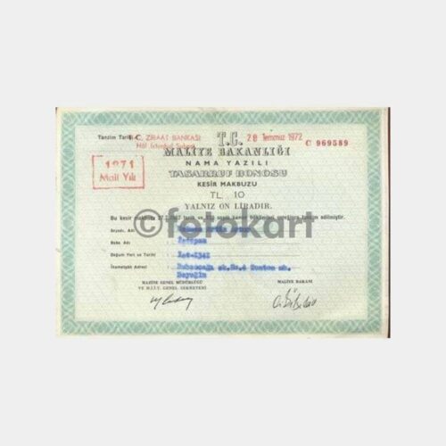 1971 Mali Yılı 10 TL Tasarruf Bonosu Kesir Makbuzu