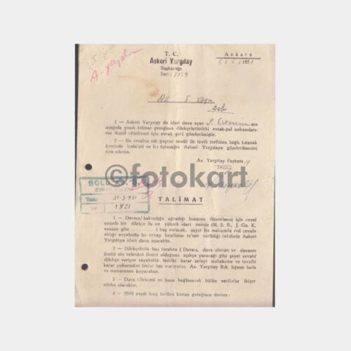 1951 Bolu Askerlik Şubesi Yargıtay Hukuk Yazısı