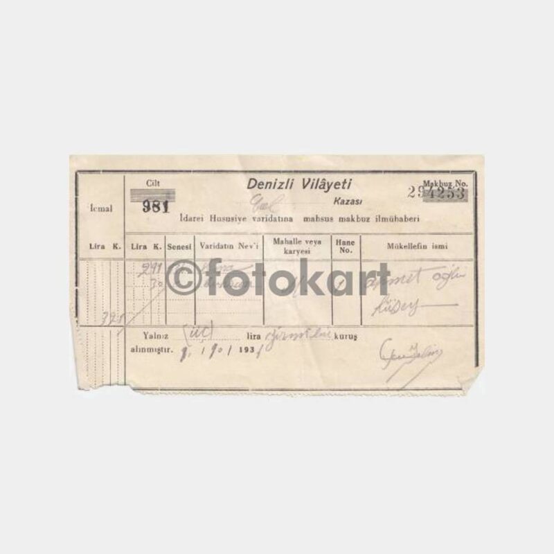 1936 Denizli Çal Kazası Buhran Vergisi Makbuzu