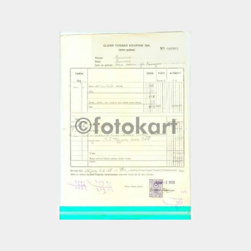 1929 Bornova Glenn Tobako Tütün Alım Makbuzu
