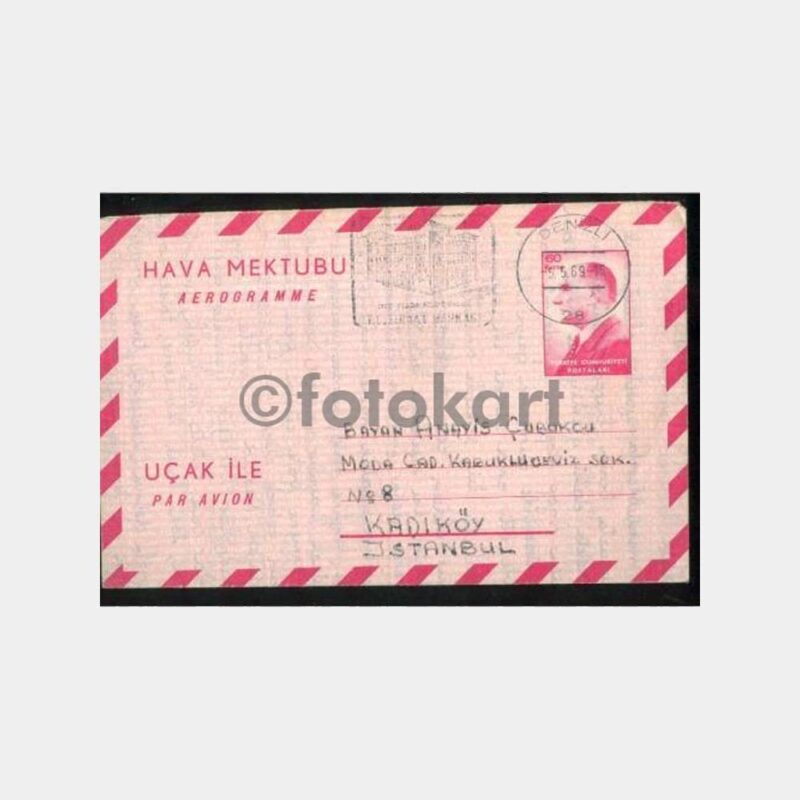 1968 Denizli Aerogramme Yazılı Hava Mektubu