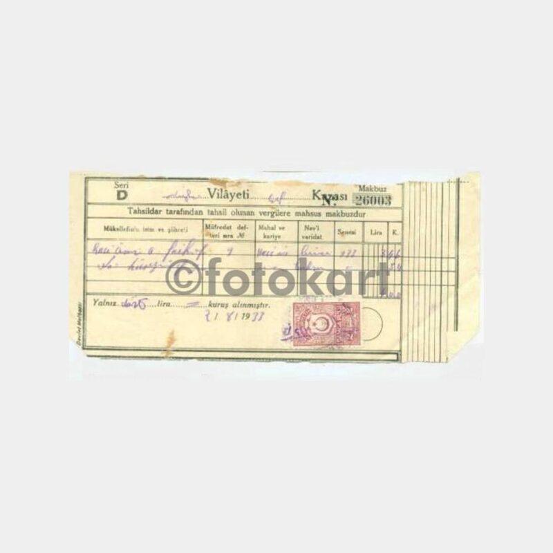 1933 Denizli Çal Kazası Vergi Makbuzu