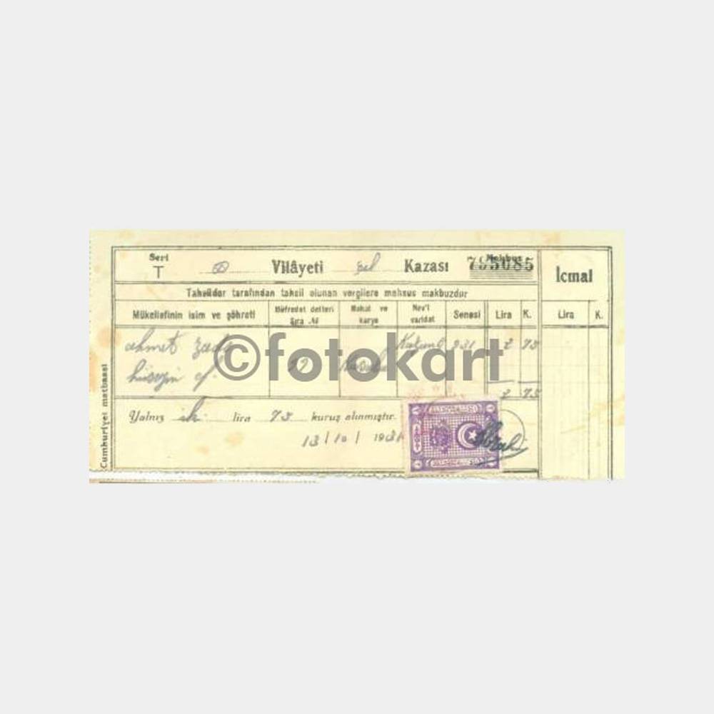 1931 Denizli Çal Kazası Vergi Makbuzu