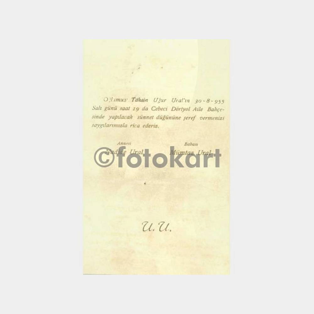 1948 Ankara Cebeci Dörtyol Aile Bahçesi Sünnet Davetiye