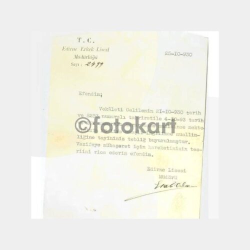 1930 Edirne Lisesi Tayin Yazısı