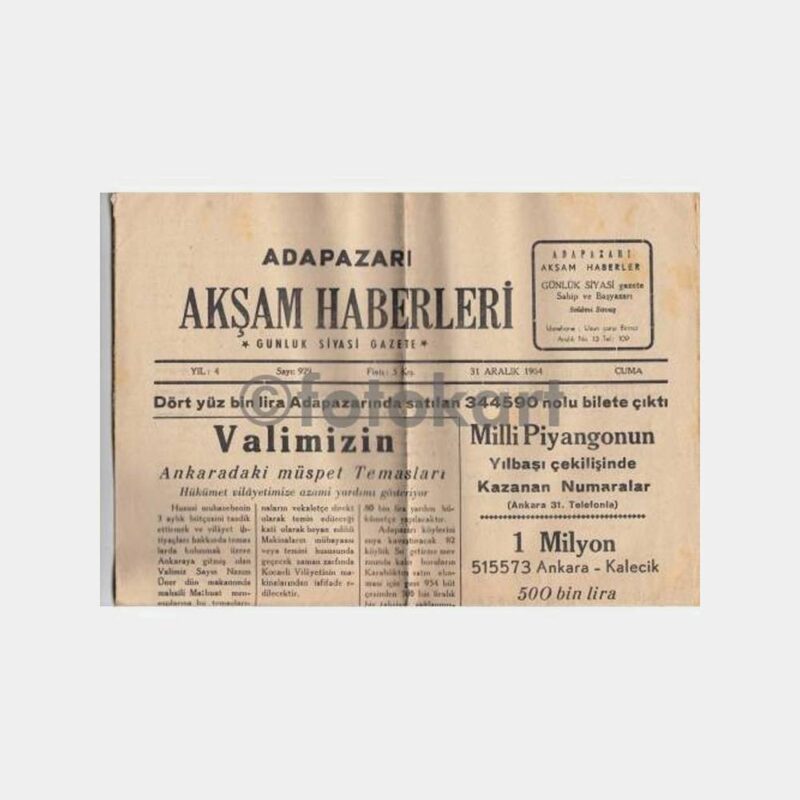 1954 31 Aralık Adapazarı Akşam Haber Gazetesi