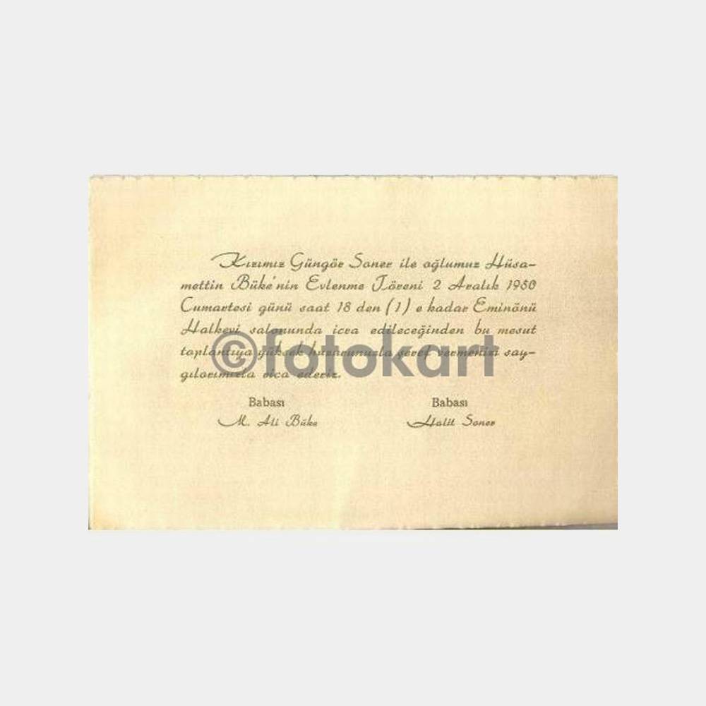 1950 Eminönü Halkevi Evlilik Töreni Davetiyesi