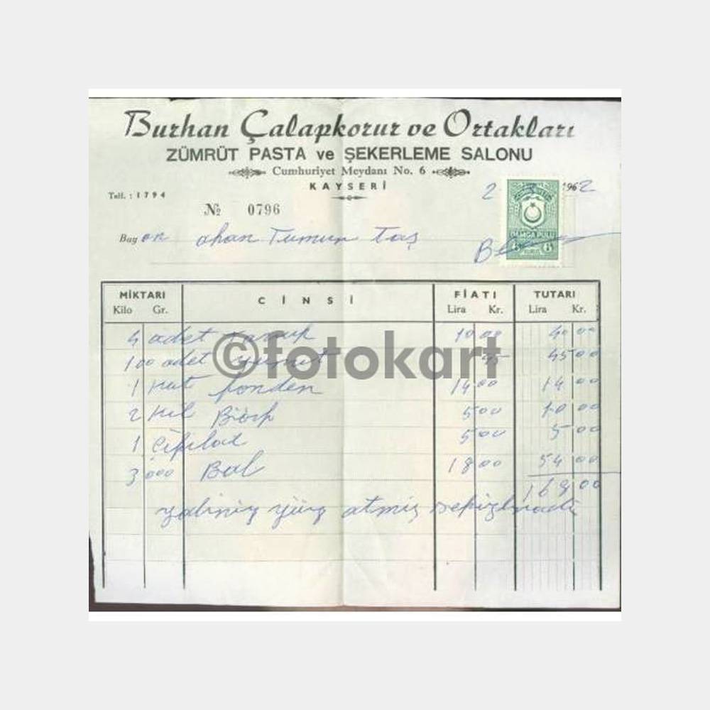 1962 Kayseri Şekerleme Faturası