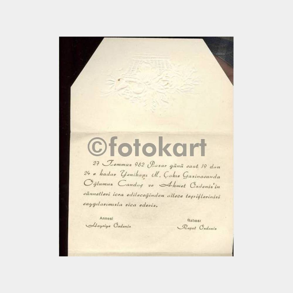 1952 Yenikapı Çakıl Gazinosu Sünnet Davetiyesi