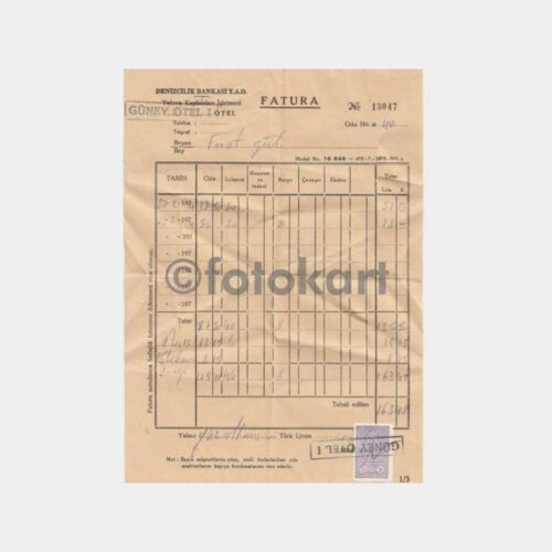 1974 Yalova Kaplıcaları Güney Otel Faturası