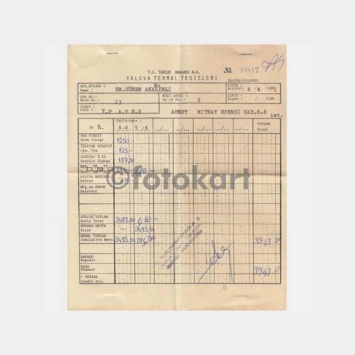 1981 Yalova Kaplıcaları Termal Otel Faturası