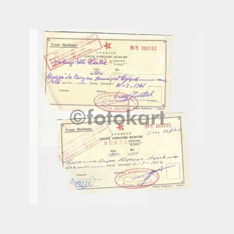 1961-1962 Bursa Çocuk Esirgeme Kurumu 2 Adet Makbuz