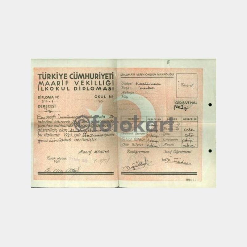 1942 Kastamonu Cumhuriyet İlkokulu Diploması