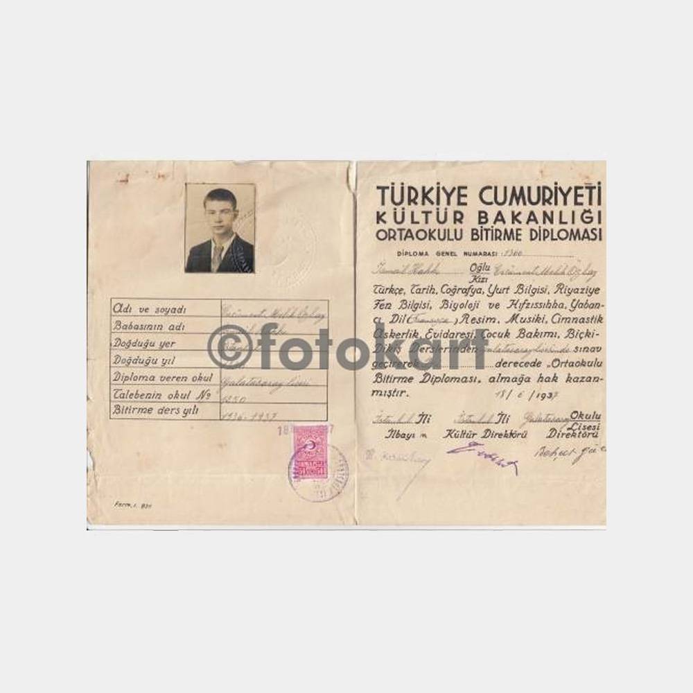 1937 Galatasaray Lisesi Ortaokul Mezunu Diploması