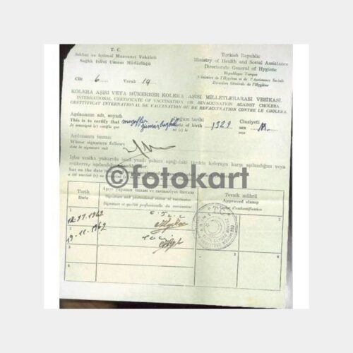 1962 Tıp Konulu Kolera Damgalı Aşı Kağıdı