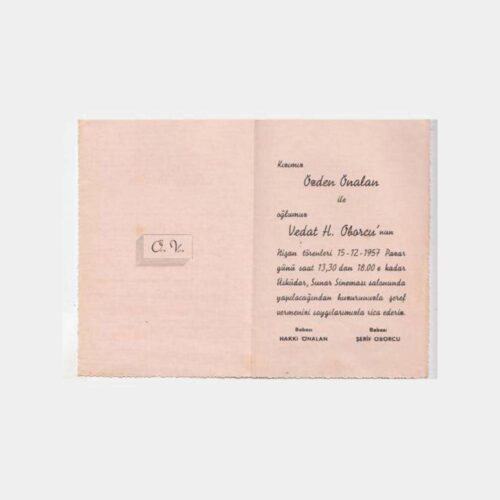 1957 Üsküdar Sunar Salonu Nikah Davetiyesi
