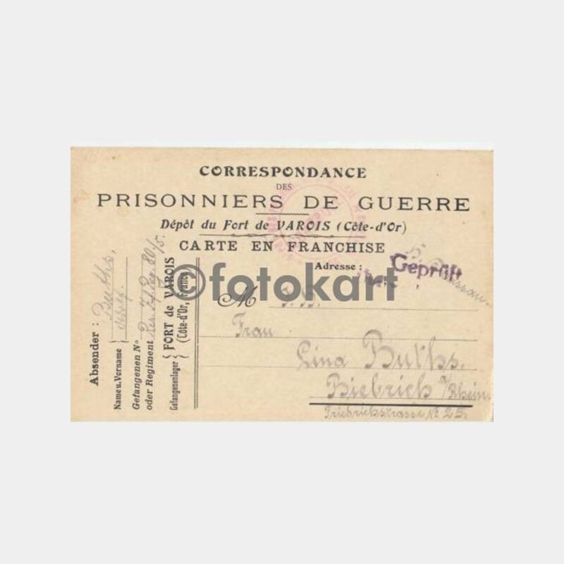 1918 Fransa Savaş Esirleri Askeri Posta Kartı