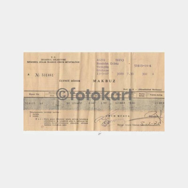 1970 Göztepe Su Sarfı Makbuzu