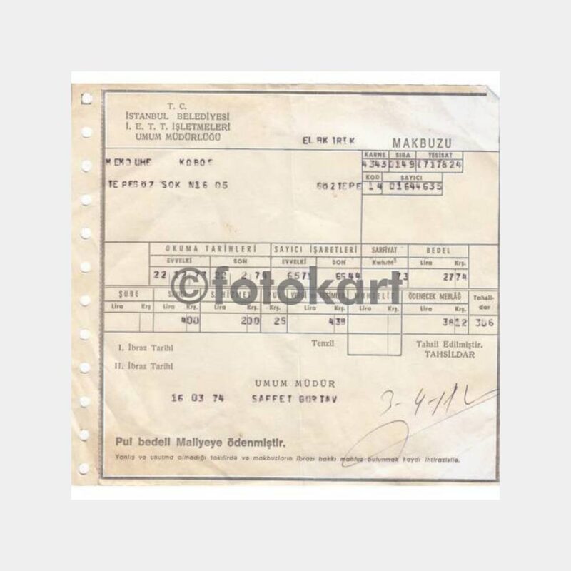 1974 İETT Kadıköy Göztepe Elektrik Makbuzu