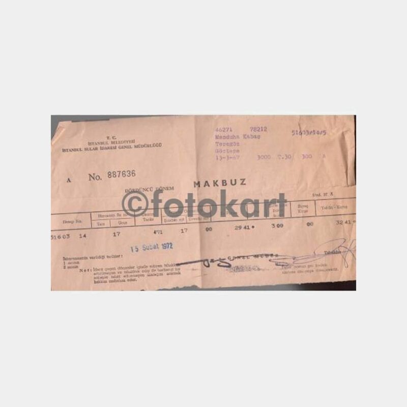 1972 İSKİ Kadıköy Göztepe Su Makbuzu