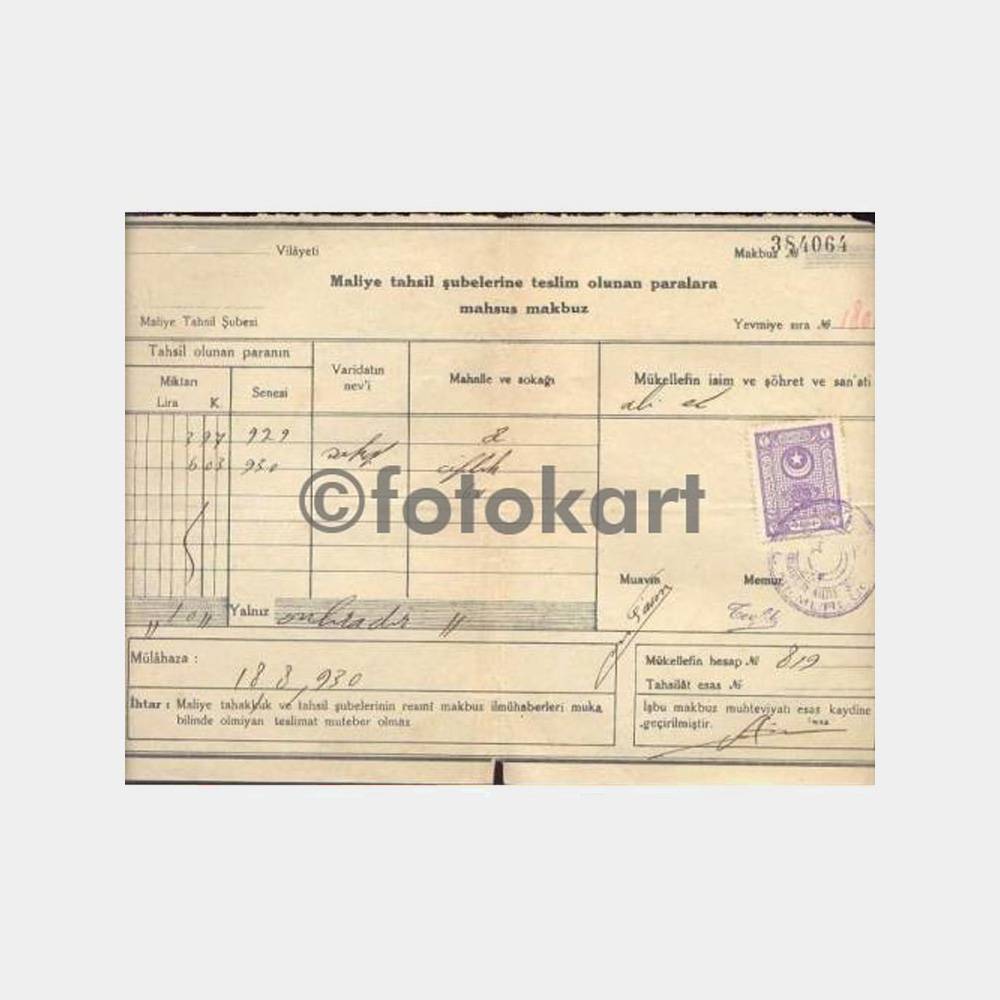 1930 Ortaköy Arnavutköy Maliye Makbuzu