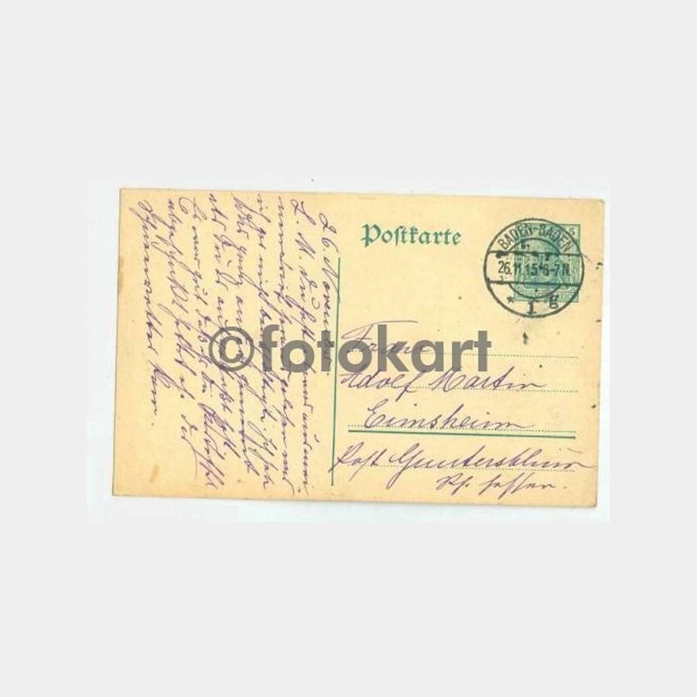 1915 Baden-Baden Damgalı Alman Posta Kartı