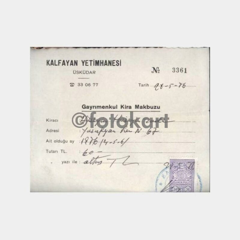 1976 Üsküdar Kalfayan Yetimhanesi Makbuzu