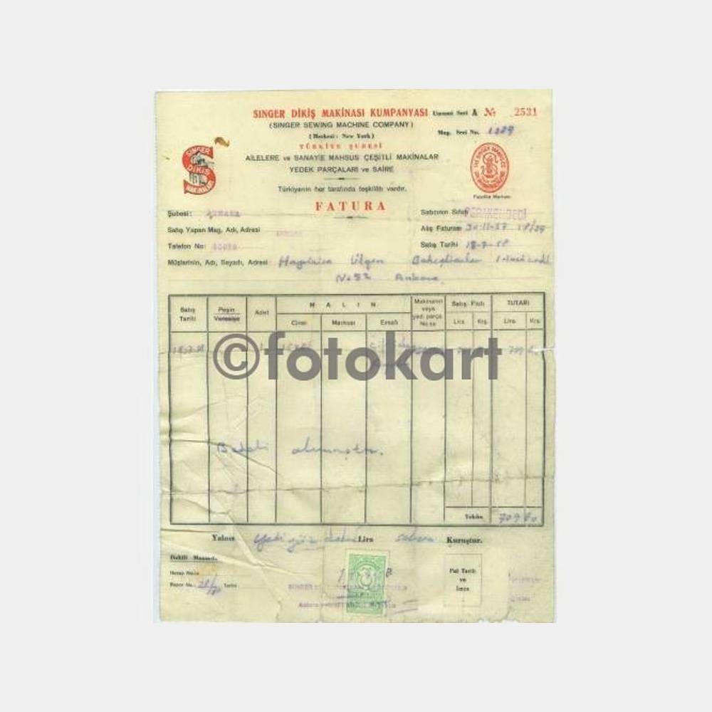 1958 Ankara Singer Dikiş Makinesi Faturası