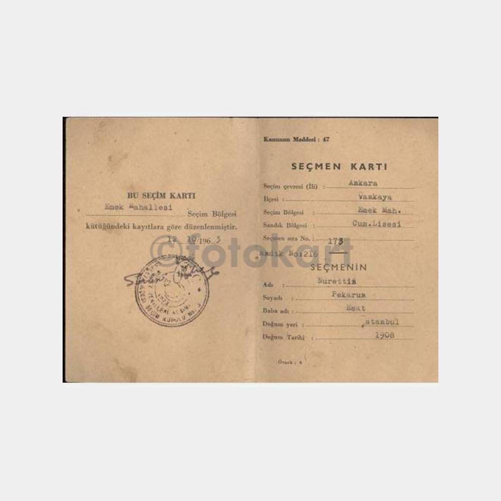 1963 Ankara Çankaya Emek Seçmen Kartı