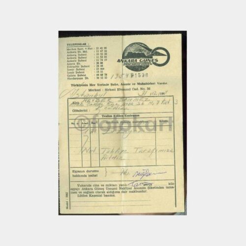 1964 Ankara Güneş Nakliye Ambarı Fişi