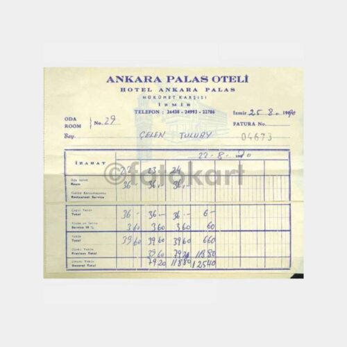 1970 İzmir Ankara Palas Oteli Faturası